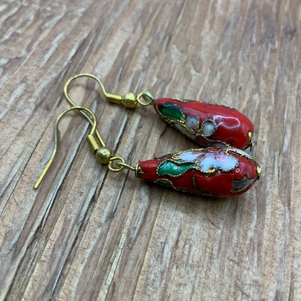 Cloisonne Vintage Red Teardrop Gold Tone Floral Dangling Earrings